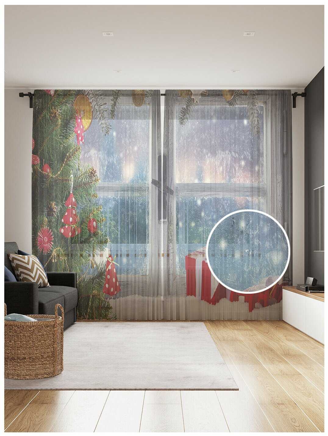 Тюль для кухни и спальни JoyArty "Новогоднее окно", 2 полотна со шторной лентой шириной по 145 см, высота 265 см.