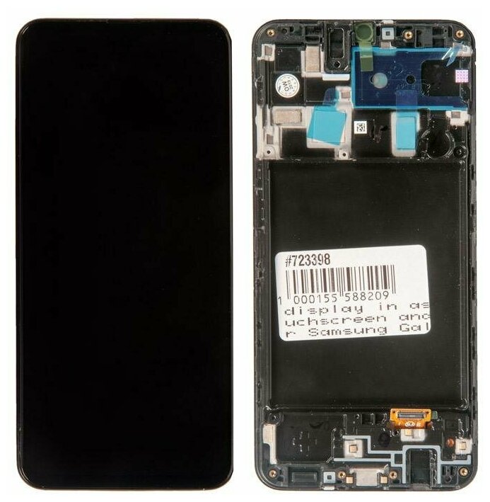 Дисплей в сборе с тачскрином и передней панелью (модуль) для Samsung Galaxy A20 (SM-A205) черный OLED