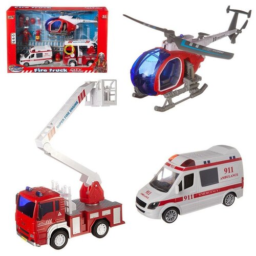 Игровой набор Junfa Служба спасения (пожарная машина, скорая помощь, вертолет, аксессуары), со световыми и звуковыми эффектами, в коробке 9929C