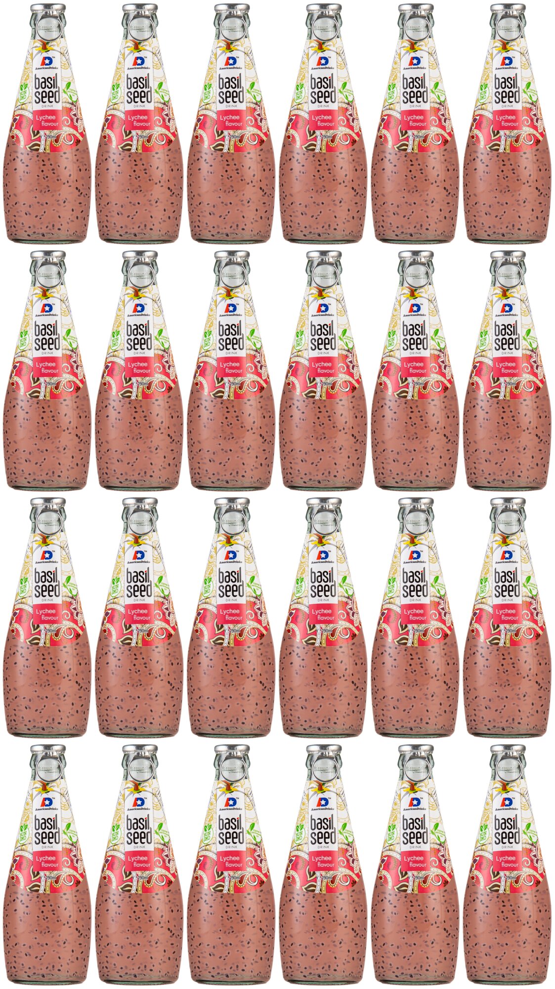 Сокосодержащий напиток American Drinks Basil Lichi (Фантастический Личи) стеклянная бутылка 290 мл., упаковка - 24 штуки - фотография № 1