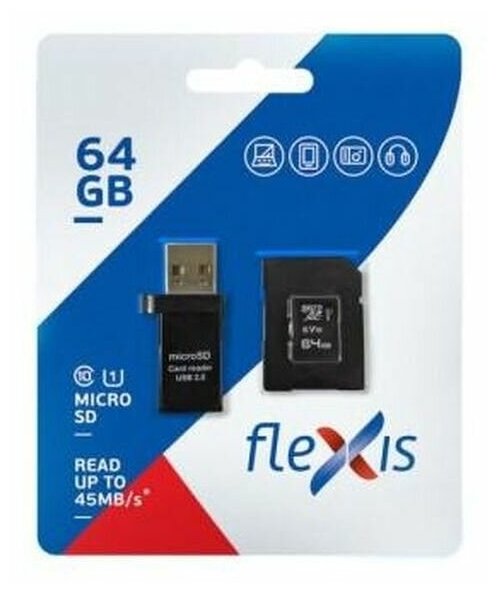 64Gb - Flexis Micro Secure Digital XC Cl10 U1 FX64GMSDXCU1 c адаптером и USB картридером (Оригинальн .