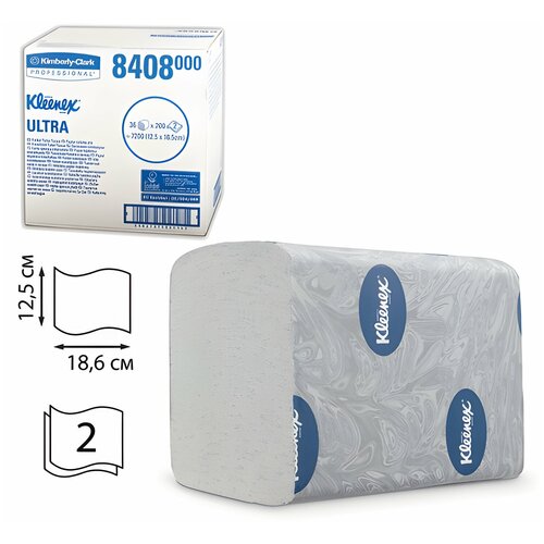 Бумага туалетная KIMBERLY-CLARK Kleenex, комплект 36 шт, Ultra, листовая, 200 л, 18,6х12,5 см, 2-слойная, диспенсер 601545, 8408