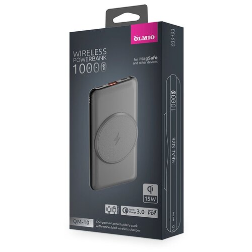 Портативное зарядное устройство Olmio QM-10 10000mAh 20W PowerDeliveryQuickCharger 30 15W wireless MagSafe Magnetic серое 251300₽