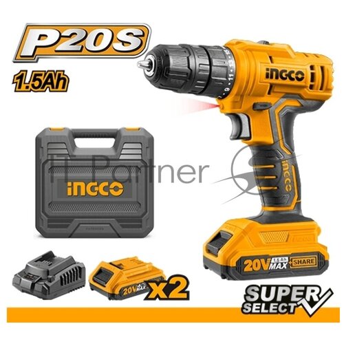 Дрель INGCO_Powertools Аккумуляторная дрель-шуруповерт 20В Li-Ion 15 мАч2шт ЗУ кейс Ingco CDLI20012 623900₽
