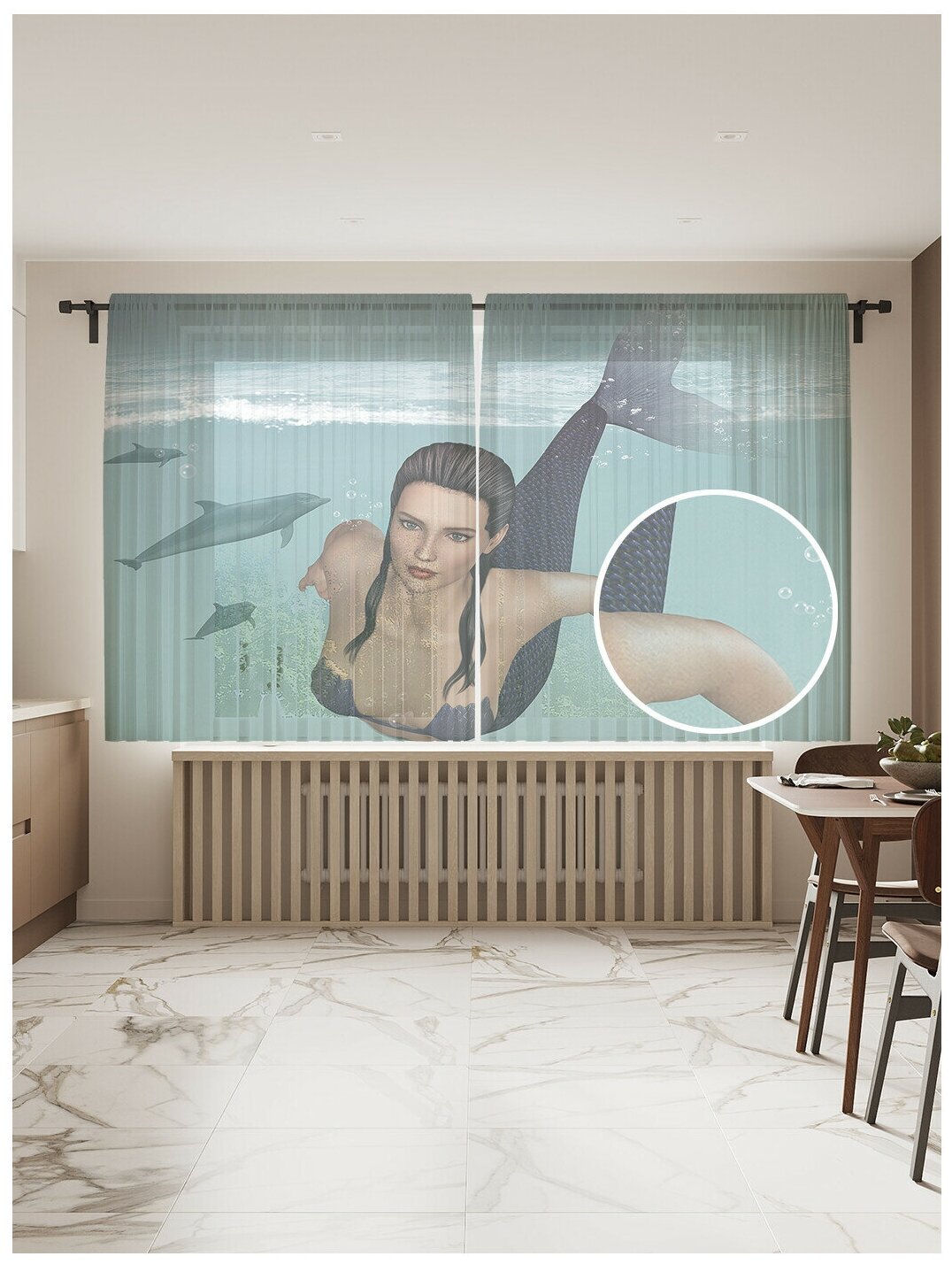 Тюль для кухни и спальни JoyArty "Плывущая русалка", 2 полотна со шторной лентой шириной по 145 см, высота 180 см.