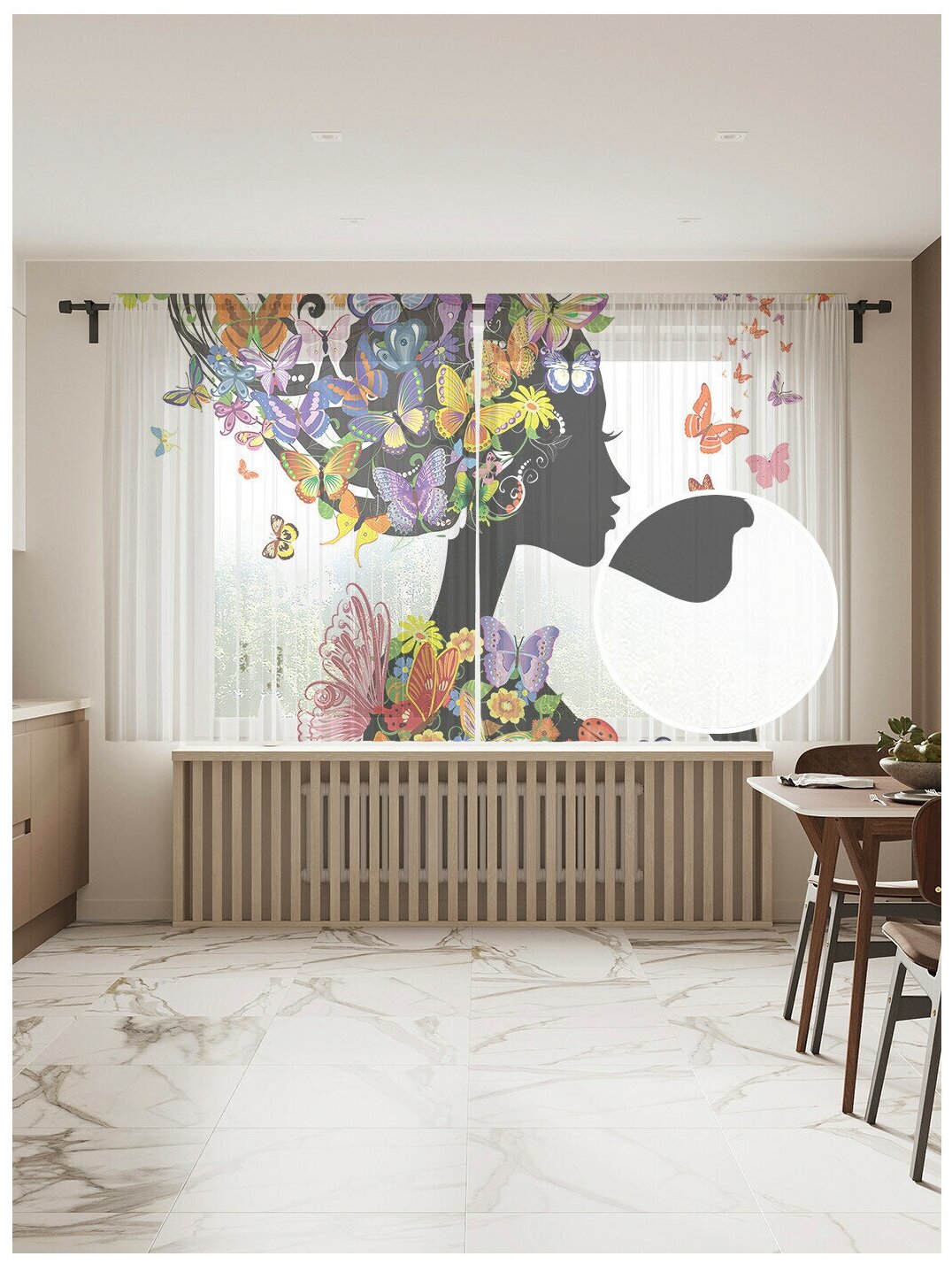 Тюль для кухни и спальни JoyArty "Цветочная девушка в бабочках", 2 полотна со шторной лентой шириной по 145 см, высота 180 см.