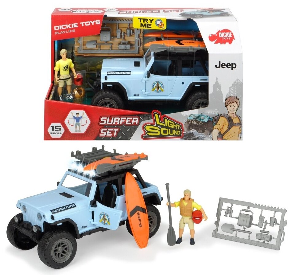 Набор с машинкой Dickie Toys Серфинг, Jeepster Commando, PlayLife, 22 см, свет, звук (3834001)