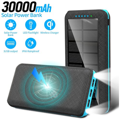 Пауэрбанк с беспроводной зарядкой на солнечной батарее 30 000 мАч фонарик 299900₽