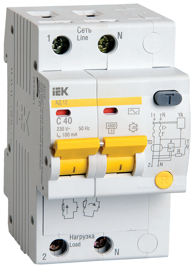 MAD10-2-040-C-100 Дифференциальный автоматический выключатель IEK АД12 2П 40А 100мА, тип AC, 4.5кА, C