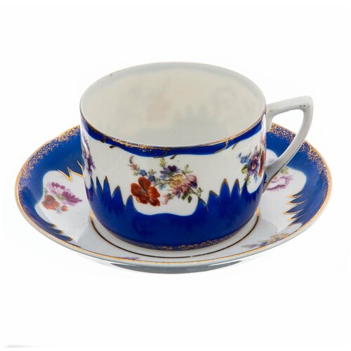 Чайная пара с цветочным декором, фарфор, крытье, деколь с дорисовкой, Дмитровский фарфоровый завод (