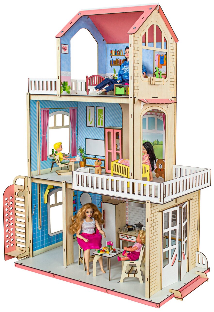 Деревянный кукольный домик для Барби с мебелью