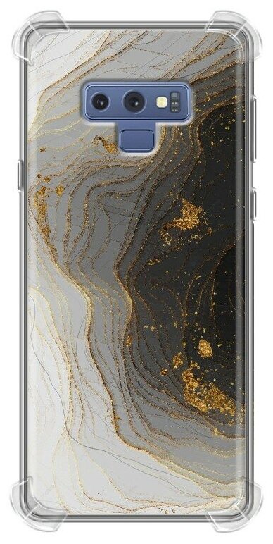 Дизайнерский силиконовый с усиленными углами чехол для Самсунг Нот 9 / Samsung Galaxy Note 9 Мрамор черное золото