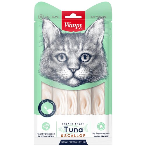 Wanpy Cat Лакомство для кошек "нежное пюре" из тунца и гребешка 70 г (5 шт.)