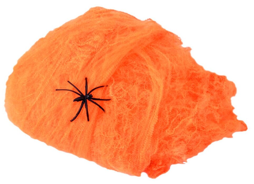 Паутина с двумя паучками украшение на Хеллоуин оранжевая