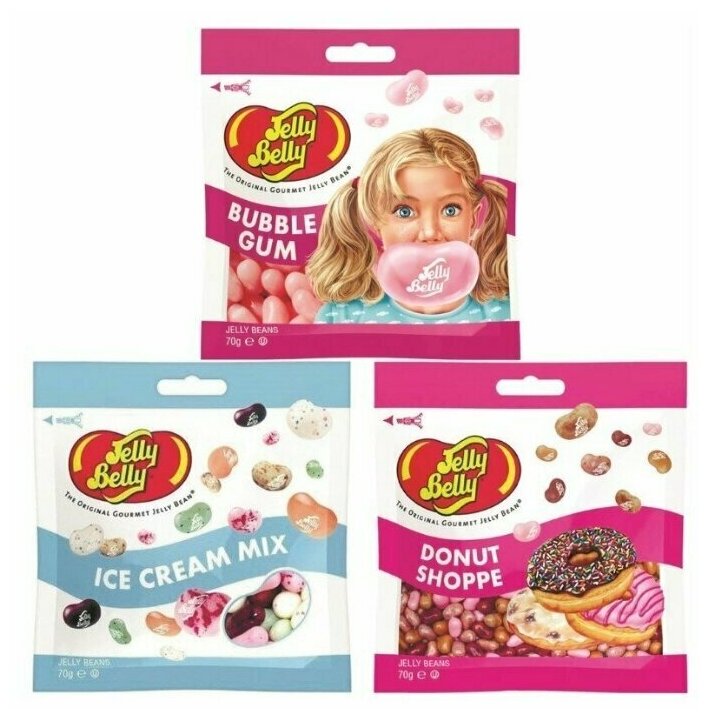 Конфеты Jelly Belly Bubble Gum 70 гр. + Ice Cream Mix 70 гр. + Donut Shoppe 70 гр. (3 шт.)