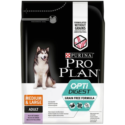 PRO PLAN ADULT DOG OPTIDIGEST GRAIN-FREE MEDIUM & LARGE беззерн взрос соб средних/крупных пород чувствительное пищеварение индейка (2,5 кг х 4 шт)