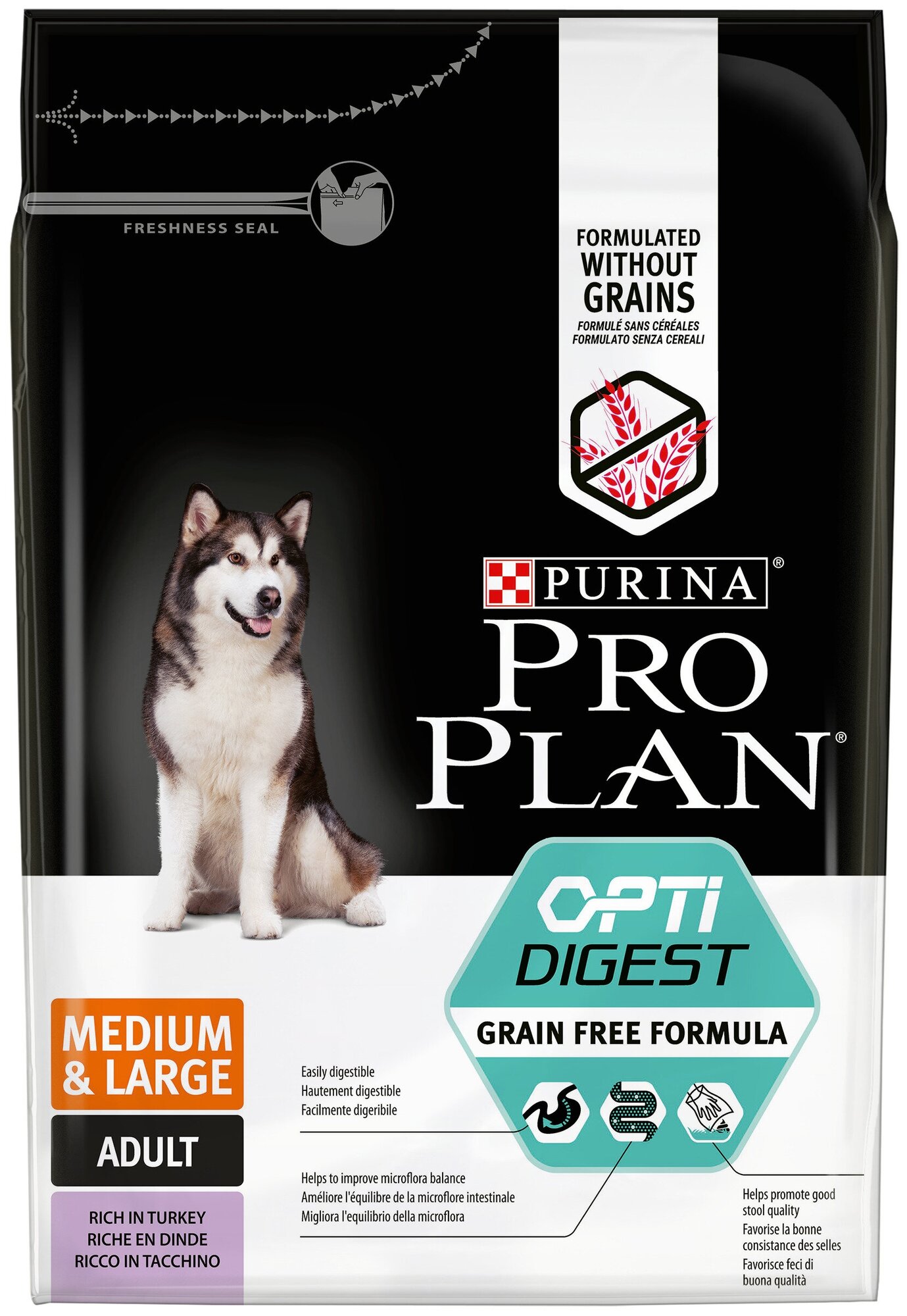 Сухой корм Pro Plan Grain Free Formula (беззерновой) для взрослых собак средних и крупных пород с чувствительным пищеварением, с высоким содержанием индейки 2,5 кг х 2шт