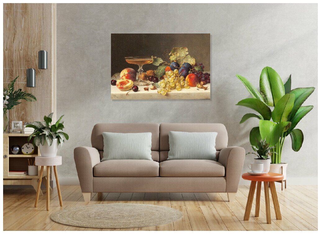 Картина на стену "Натюрморт с фруктами и шампанским" на холсте интерьерная / панно 60 х 40 см