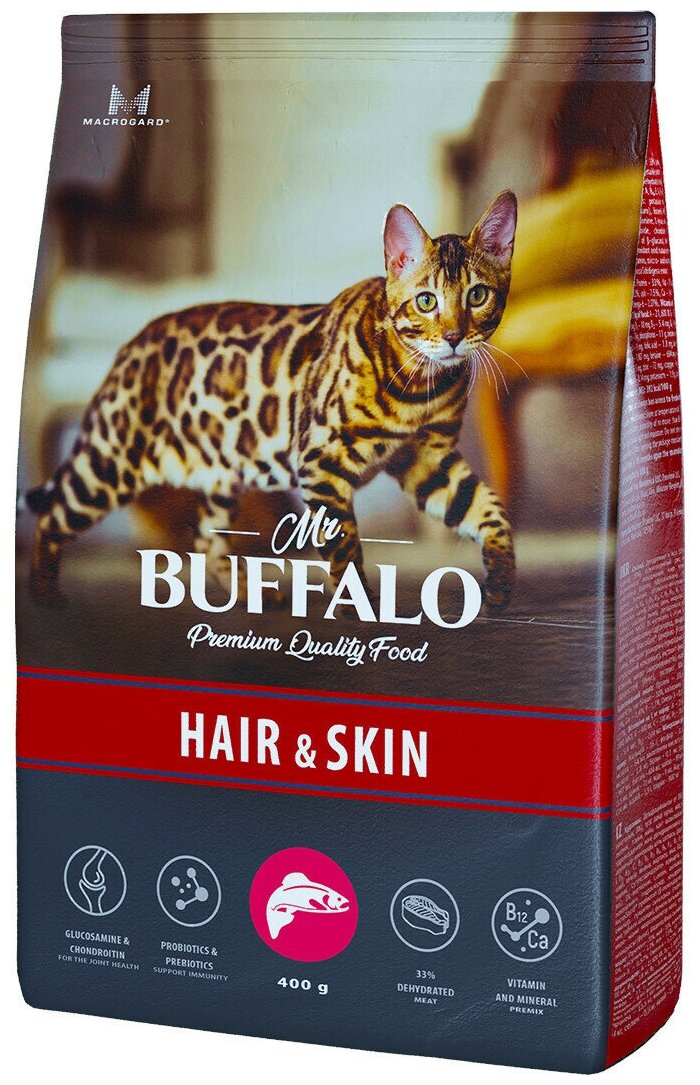 Сухой корм для взрослых кошек Mr.Buffalo Hair&Skin c чувствительной кожей, с лососем, 400 г