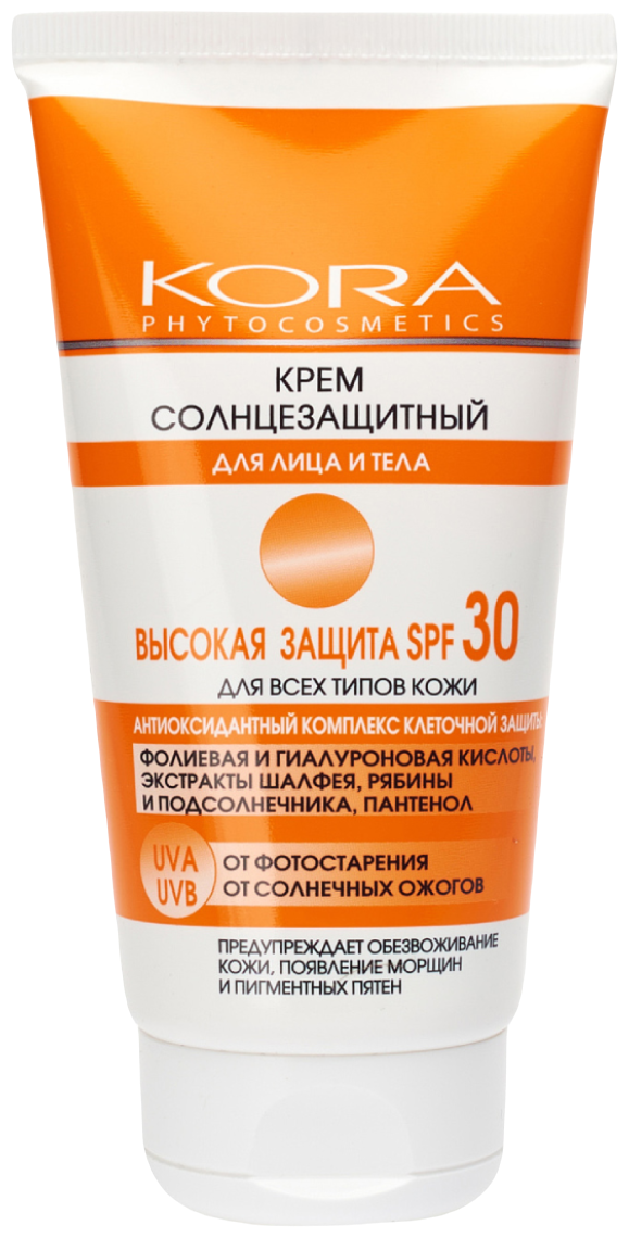 Kora Крем солнцезащитный для лица и тела высокая защита SPF 30, 150 мл, Kora