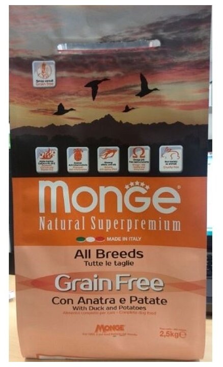 Сухой корм Monge Grain Free для взрослых собак беззерновой всех пород, утка/картофель, 2.5кг - фото №11