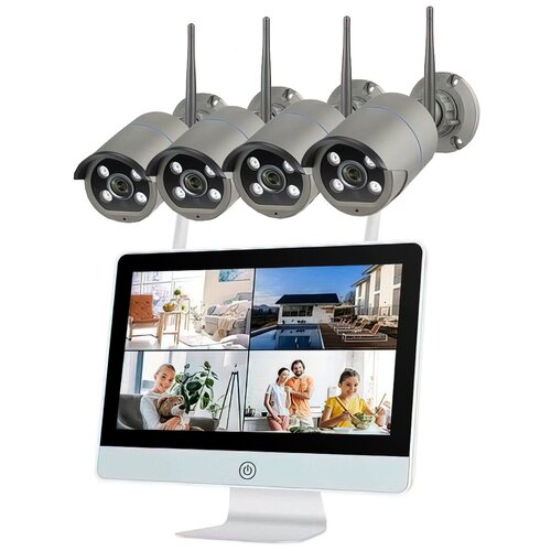 Беспроводной цифровой IP WiFi комплект видеонаблюдения на 4 камеры со звуком и монитором для улицы и помещений MiCam Tech 3012 LCD