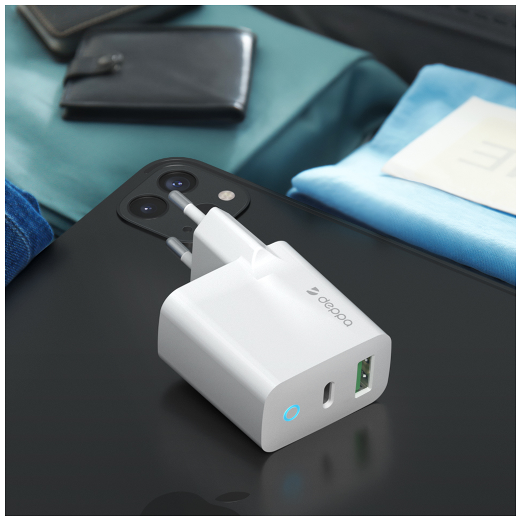 Сетевое зарядное устройство DEPPA 65W, USB + USB type-C, 8-pin Lightning (Apple), 3A, белый - фото №2