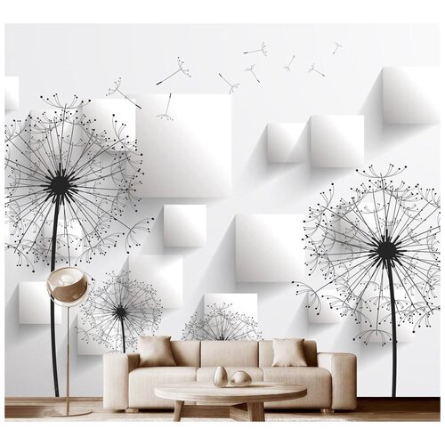 Фотообои на стену флизелиновые Модный Дом Одуванчики с белыми квадратами 350x300 см (ШxВ), в спальню, гостиную
