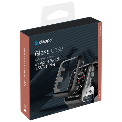 Защитное стекло Deppa со стеклом для Apple Watch 1/2/3 series, черный защитный пластиковый чехол со стеклом кейс apple watch series ultra 49 мм для экрана дисплея и корпуса противоударный бампер пудровый розовый