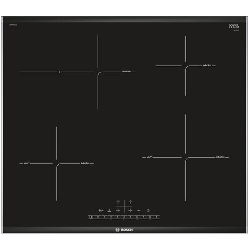 Индукционная варочная панель BOSCH PIF675FC1E, с рамкой, цвет панели черный, цвет рамки серебристый