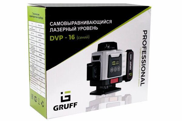 Лазерный уровень GRUFF DVP-16 4x360°, аккумулятор 4800 мАч с зеленым лучом и дисплеем