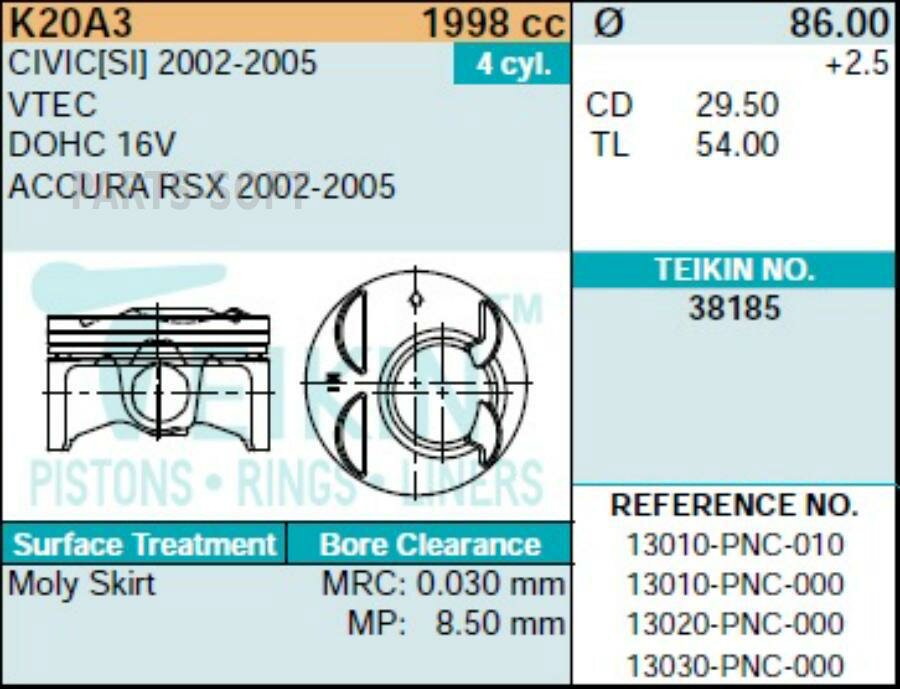 TEIKIN 38185 050 Поршни (к-т 4 шт) 050 HONDA CR-V/ACCORD/STREAM K20A 02-