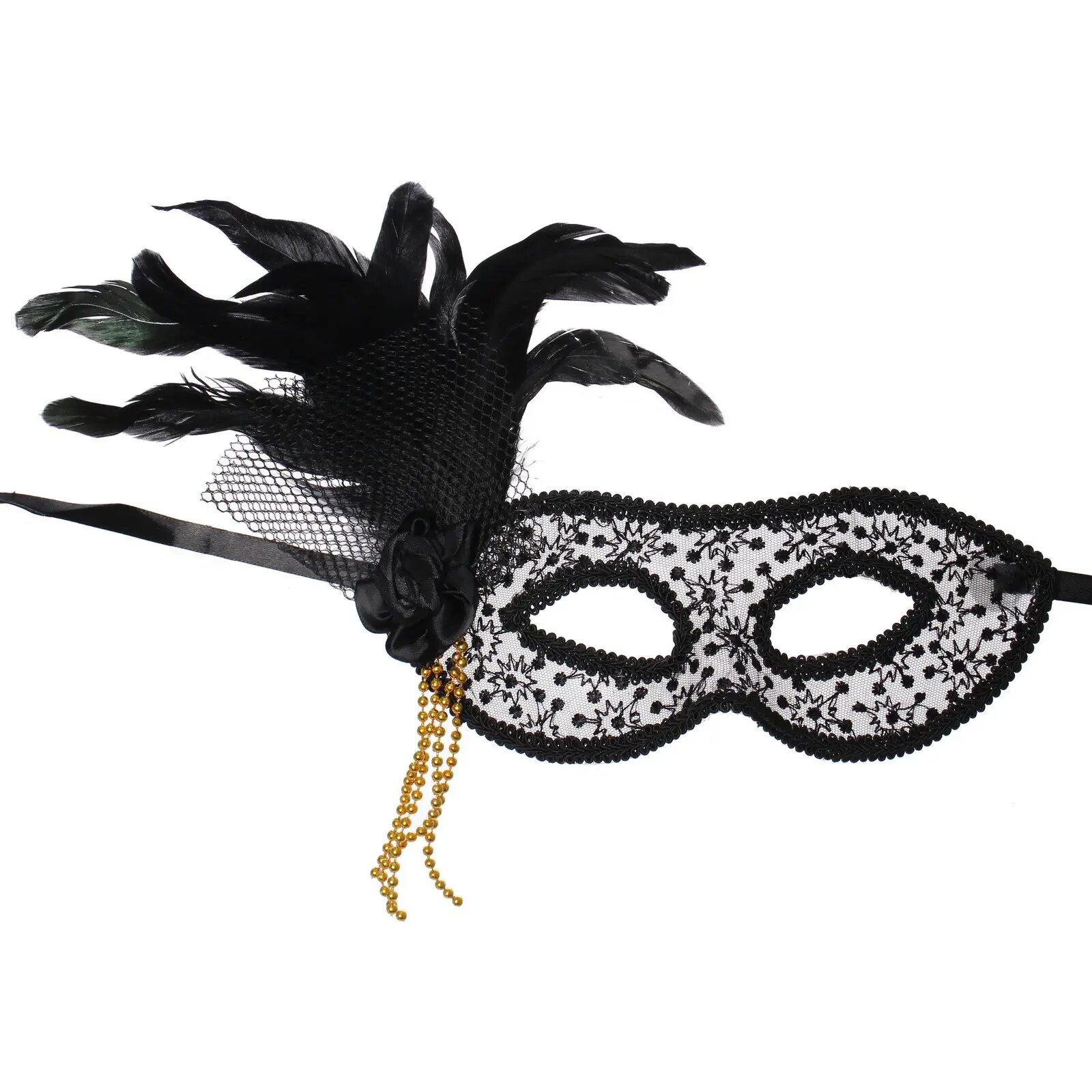 Маска карнавальная «Изящный жемчуг», черная, кружевная, с перьями, для праздников