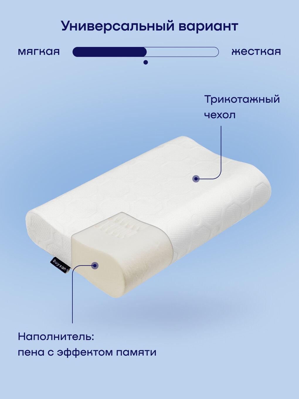 Пенная подушка для сна эргономичной формы, buyson BuyWave 40х60 см, высота 10/12 см, с эффектом памяти — фото 1