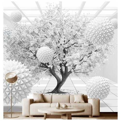 Фотообои на стену флизелиновые 3D Модный Дом Белое дерево и летающие шары 300x290 см (ШxВ)