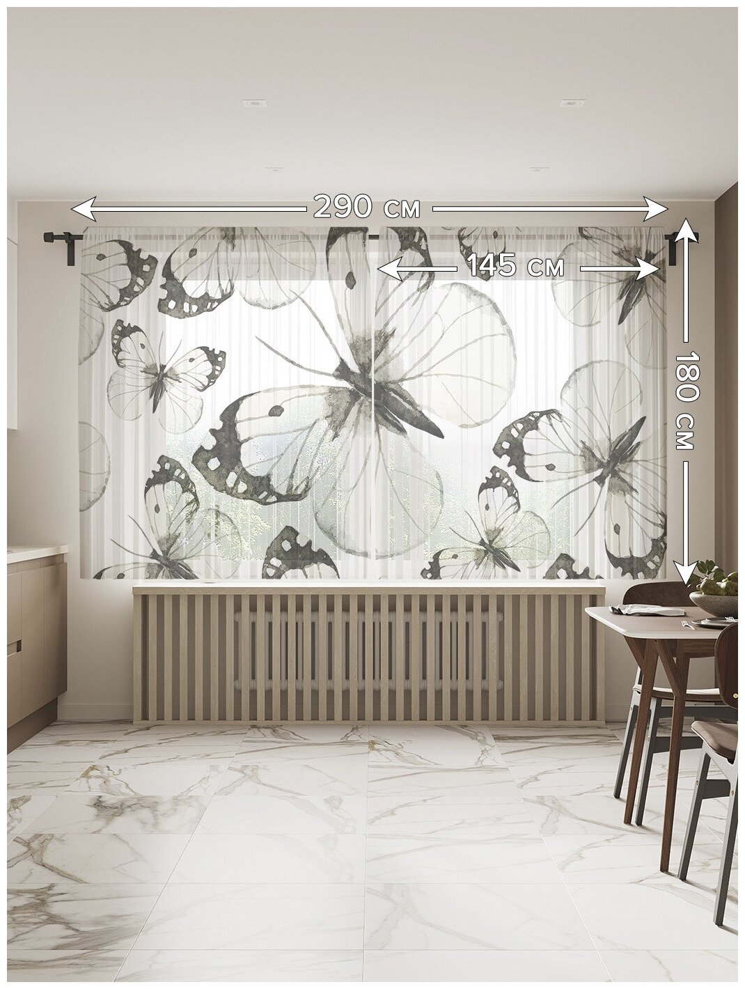 Тюль для кухни и спальни JoyArty "Нежные бабочки", 2 полотна со шторной лентой шириной по 145 см, высота 180 см. - фотография № 2