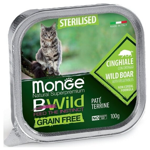 MONGE Cat "Bwild Grain Free" беззерновой из кабана с овощами для стерилизованных кошек 100 г - фотография № 9