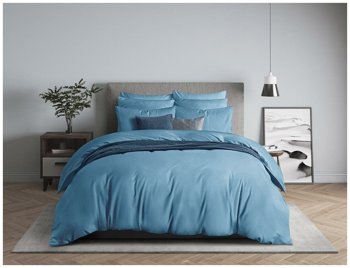 Комплект постельного белья,, Guten Morgen, Сатин, Wave, цвет: Голубой, 1.5 спальный с нав. 70х70 см - фотография № 1