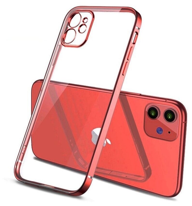 Чехол для iPhone 11 в стиле Айфон 12 / Квадратный / Прозрачный с защитой камеры Apple / Силиконовый бампер на Эпл / Красный