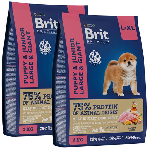 BRIT PREMIUM DOG PUPPY & JUNIOR LARGE & GIANT для щенков и молодых собак крупных и гигантских пород с курицей (3 + 3 кг) куртка для собак happy puppy yellow 3