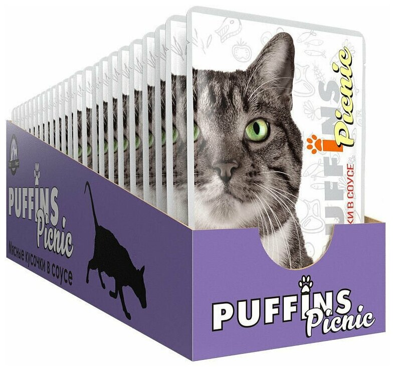 Корм Puffins Picnic влажный для кошек с говядиной в соусе 85g x 26 шт - фотография № 2
