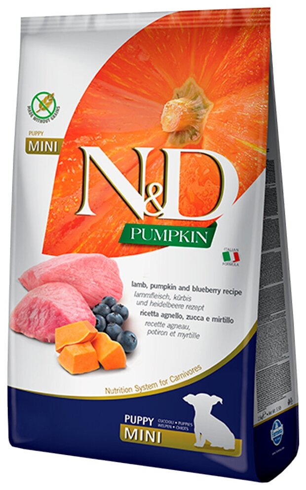 FARMINA DOG N&D GRAIN FREE PUMPKIN PUPPY MINI LAMB & BLUEBERRY беззерновой для щенков маленьких пород с ягненком, черникой и тыквой (2,5 кг)