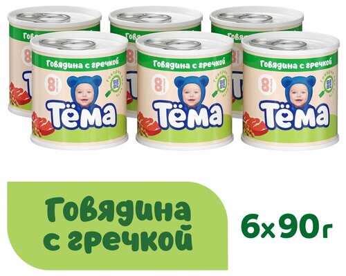 Пюре Тёма Говядина с гречкой, с 8 месяцев, 90 г, 6 шт.