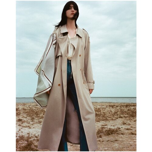 Двубортный тренч оверсайз с поясом LESYANEBO Светло-бежевый