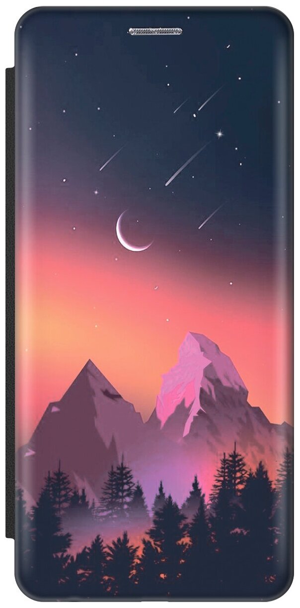 Чехол-книжка на Xiaomi Redmi Note 8 Pro, Сяоми Редми Ноут 8 Про c принтом "Горы и звездопад" черный