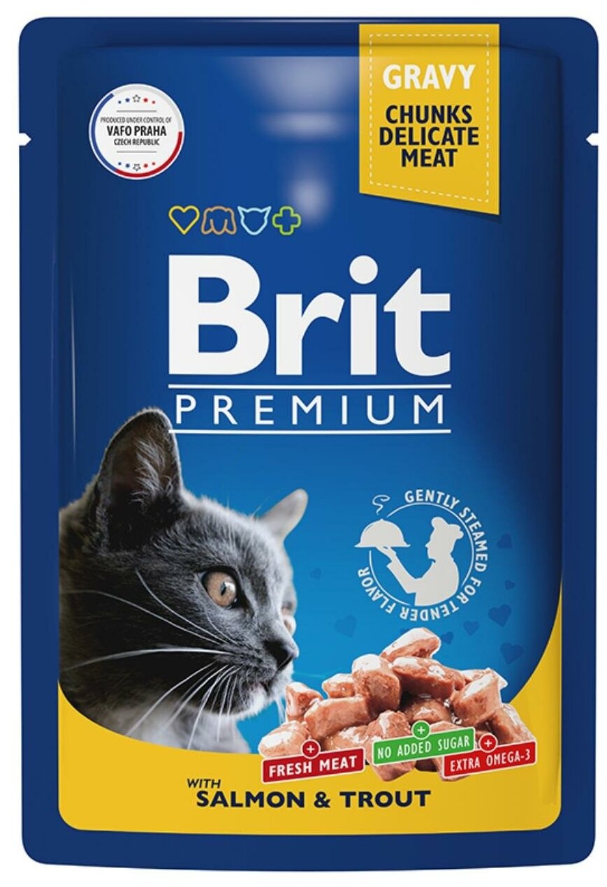 Пауч для взрослых кошек Brit Premium лосось и форель 14 шт х 85г - фотография № 3