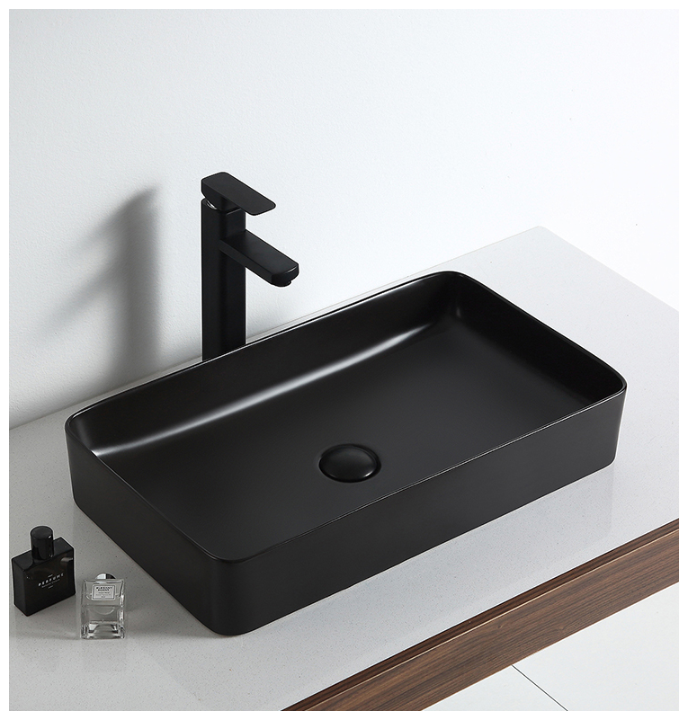 Накладная прямоугольная раковина 61х11,5х35,5см/керамика/черная/для ванны/с аксессуарами - фотография № 4