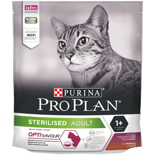 Сухой корм для стерилизованных кошек и кастрированных котов Purina Pro Plan Sterilised ADULT OPTISAVOUR, с уткой и с печенью, 4 шт. х 400 г