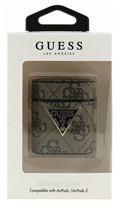 Чехол Guess 4G PU leather case with metal logo для Airpods 1/2, коричневый