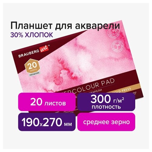 Планшет для акварели хлопок 30%, 300 г, 190х270 мм, склейка, 4 стороны, среднее зерно, 20 л, BRAUBERG ART, 113251